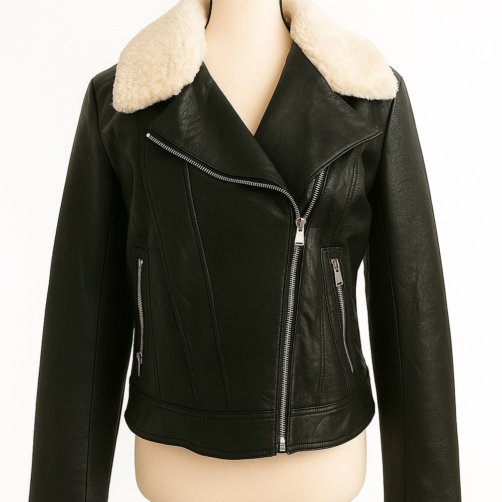 New York & Company Black Leather Jacket with Cream Collar